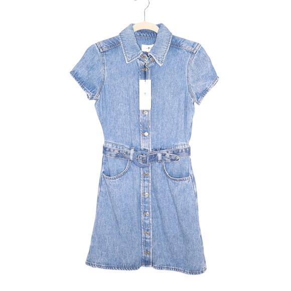 7 FOR ALL MANKIND NEW Denim Lustre Belted Mini Dress Volcano Blue Women's XS - Picture 1 of 14
